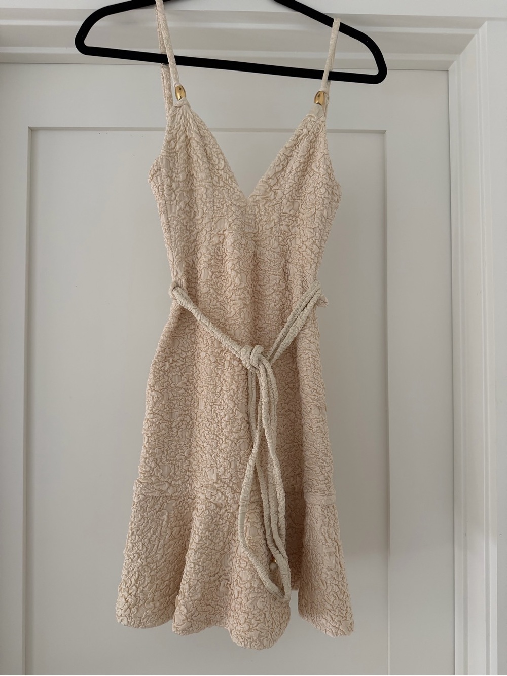 PatBO Cream Textured V-Neck Mini Dress with Rope Tie